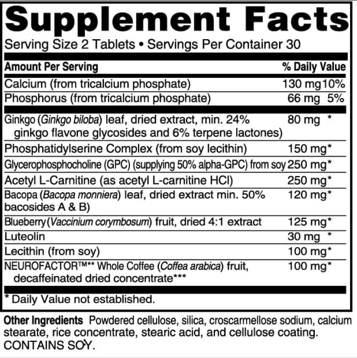 Supplement Facts for Advanced Memory Formula