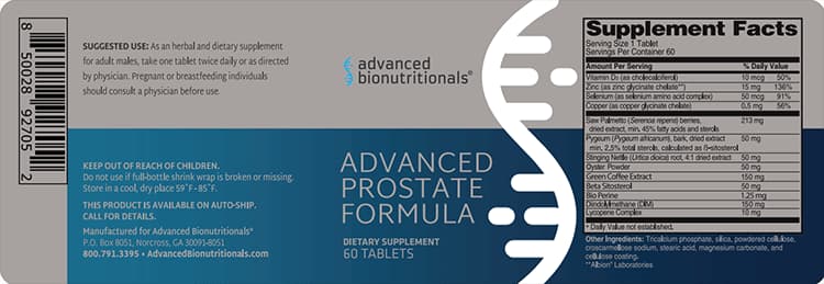 Supplement Facts and directions for Advanced Prostate Formula