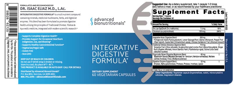 Integrative Digestive Formula supplement facts label