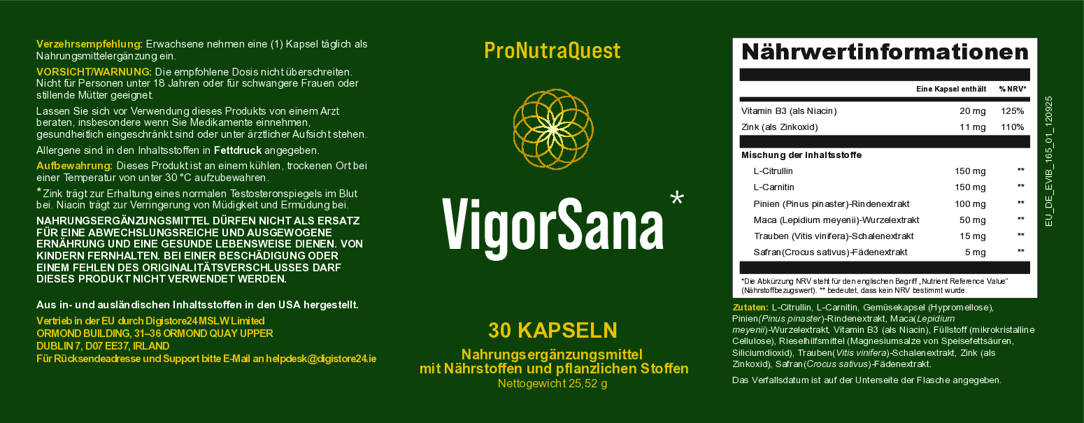 VigorSana ingredient, dosage, and safety label