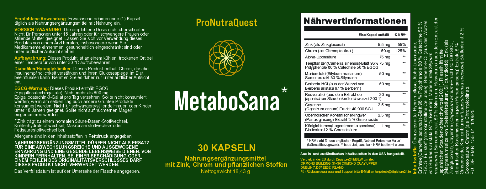 metabosana ingredient, dosage, and safety label